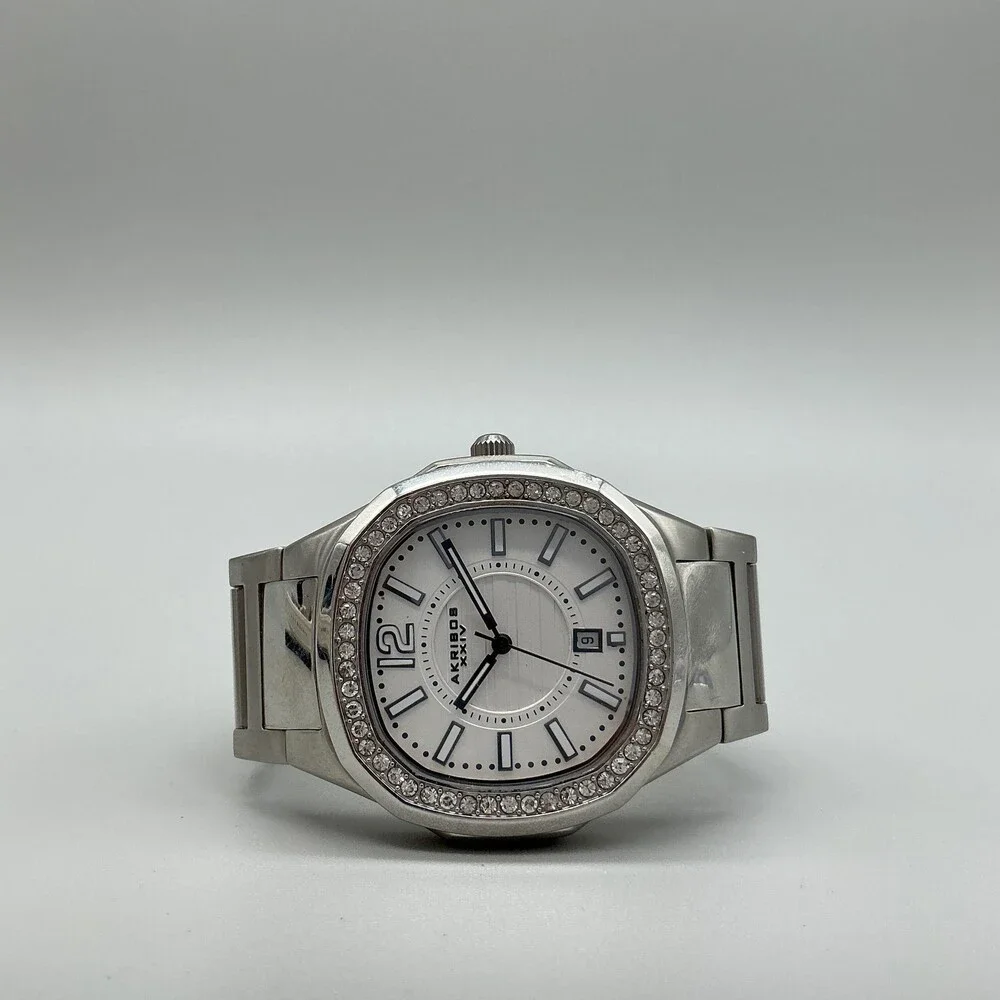 Akribos XXIV AK550SS7 Mens Watch 41mm Silver Tone Crystals Steel New Battery 6